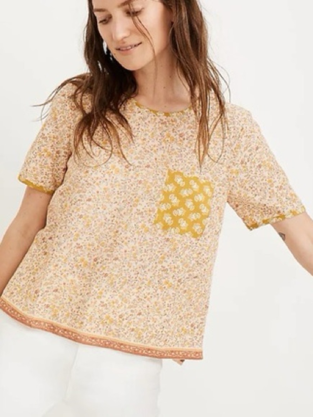 Madewell Button-Back Pocket Top in Jaipur Floral XXS Yellow Floral Boho Blouse